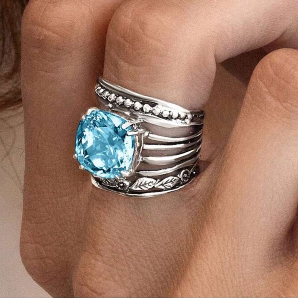 Large Light Blue Simulated Diamond, silver-tone, Wide Band, Engagement Ring